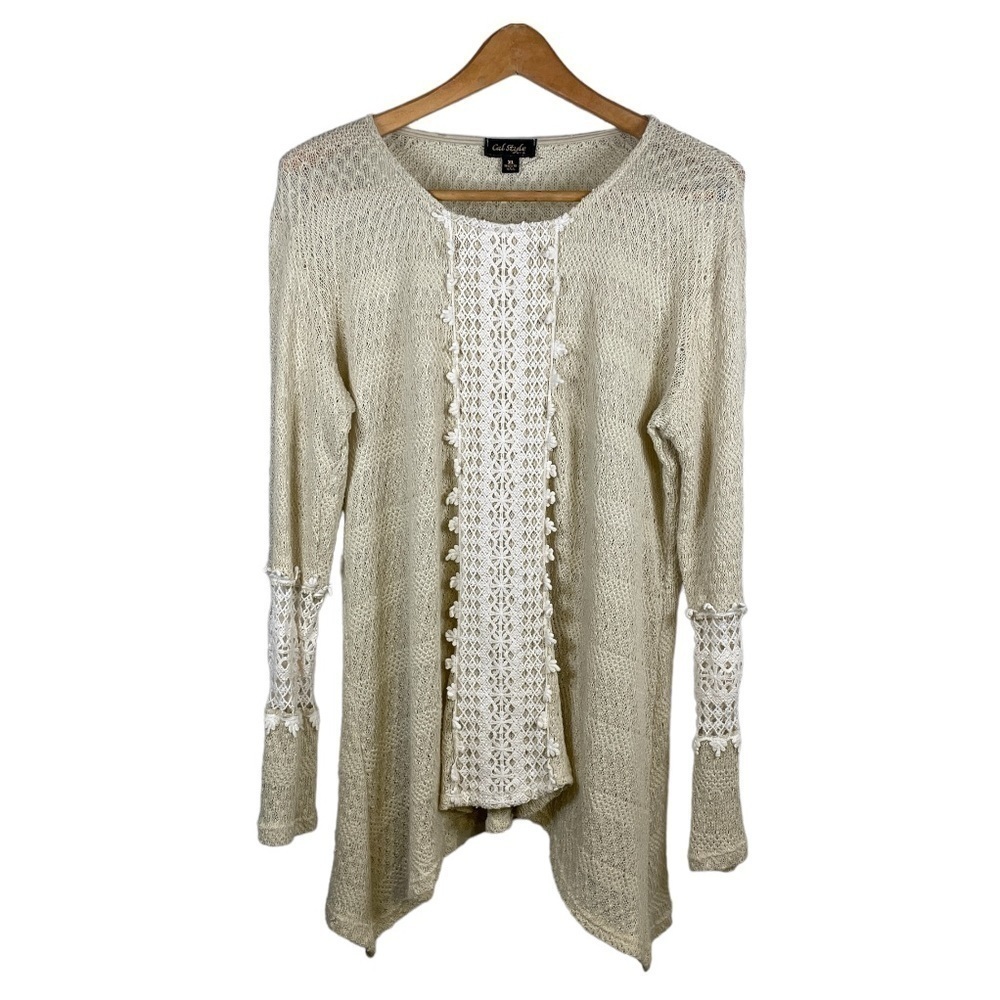 Cal Style Women's Sweater Bohemian Crochet and Lace Bell Sleeve Ivory Size XL
